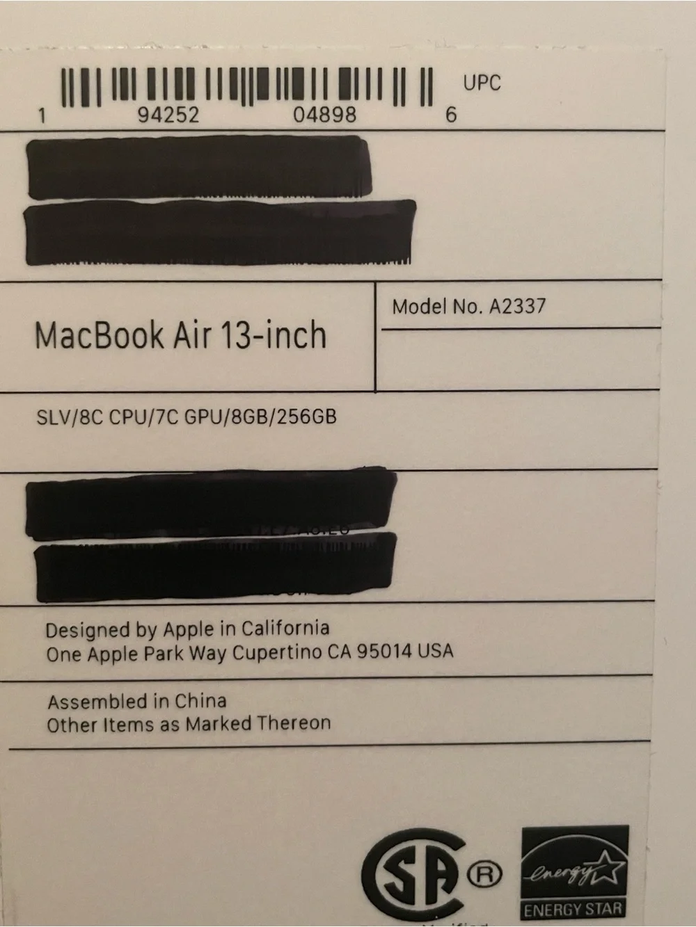 Apple MacBook Air 13” 2020 M1 Chip Model A2337 256GB Silver EMPTY BOX